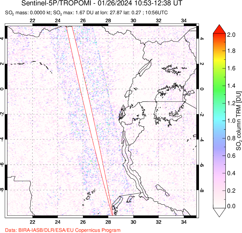 A sulfur dioxide image over Nyiragongo, DR Congo on Jan 26, 2024.