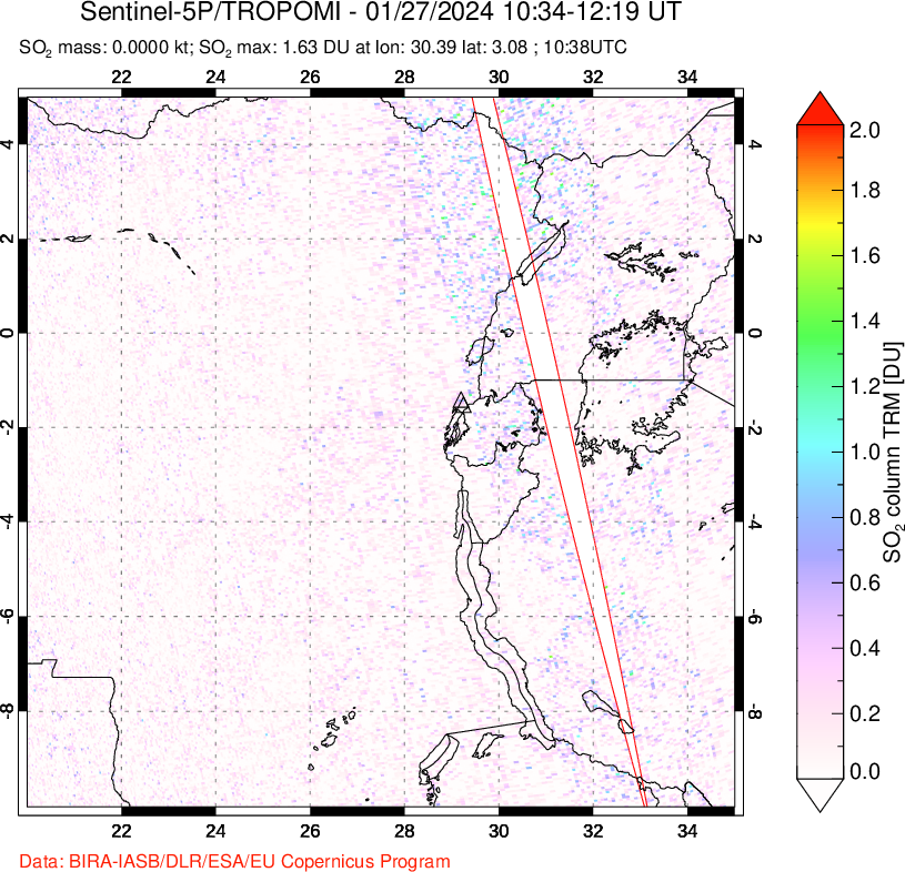 A sulfur dioxide image over Nyiragongo, DR Congo on Jan 27, 2024.