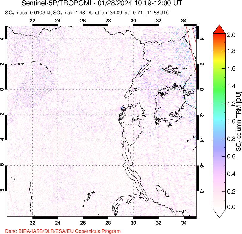 A sulfur dioxide image over Nyiragongo, DR Congo on Jan 28, 2024.