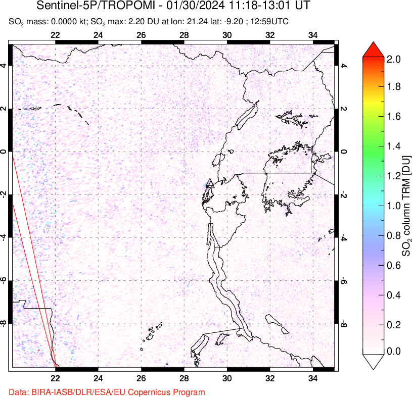 A sulfur dioxide image over Nyiragongo, DR Congo on Jan 30, 2024.