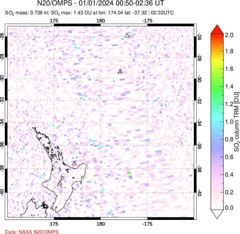 A sulfur dioxide image over New Zealand on Jan 01, 2024.