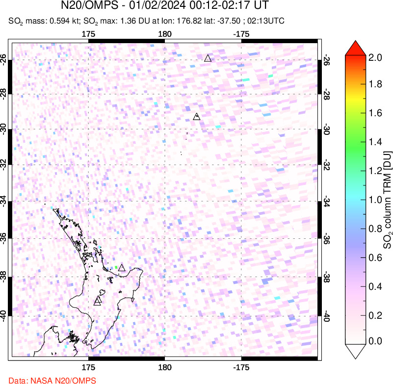 A sulfur dioxide image over New Zealand on Jan 02, 2024.