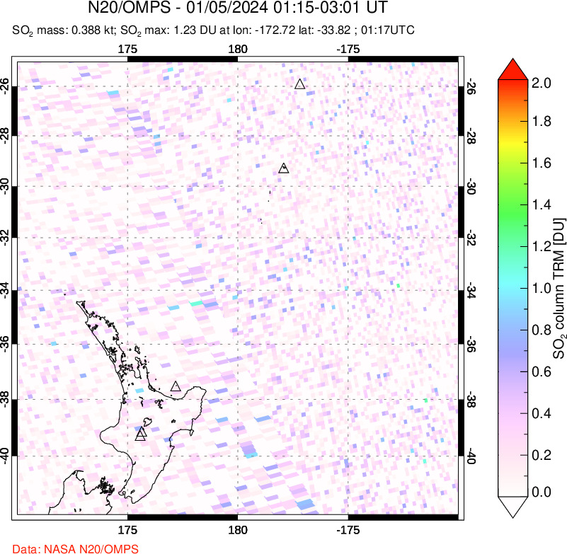 A sulfur dioxide image over New Zealand on Jan 05, 2024.