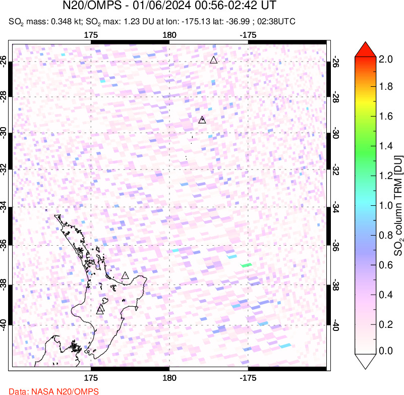 A sulfur dioxide image over New Zealand on Jan 06, 2024.