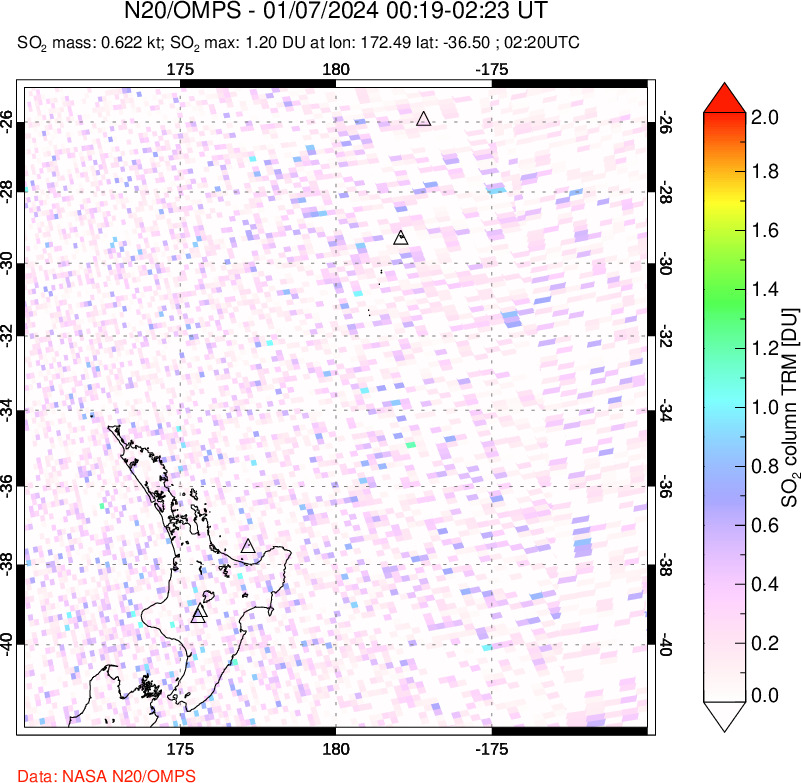 A sulfur dioxide image over New Zealand on Jan 07, 2024.