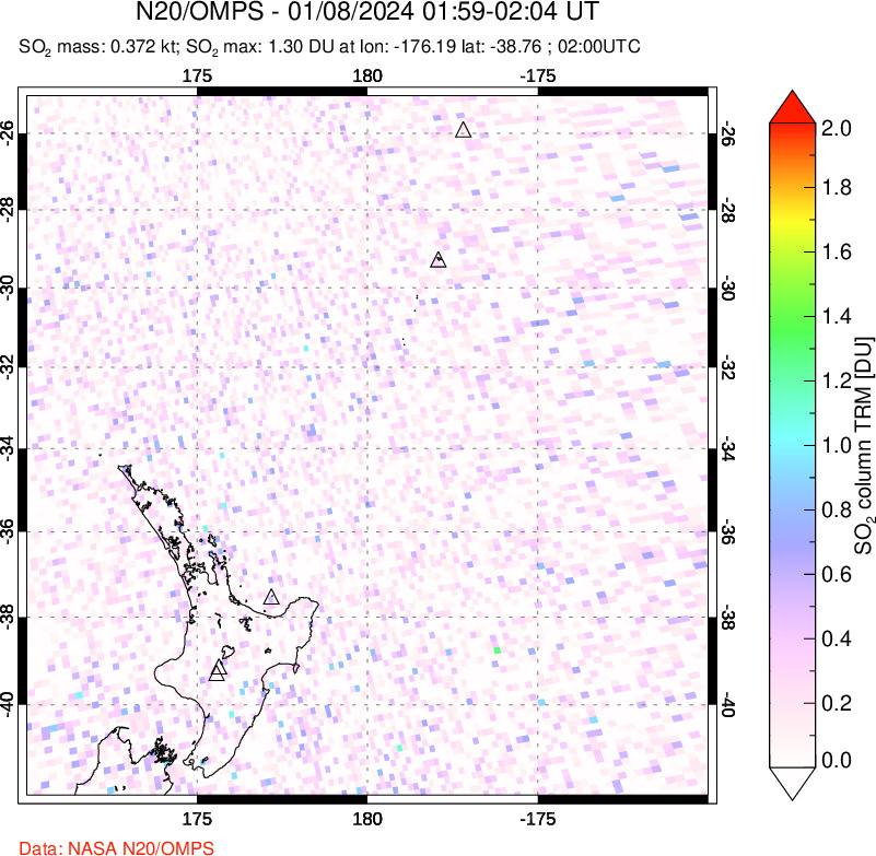 A sulfur dioxide image over New Zealand on Jan 08, 2024.