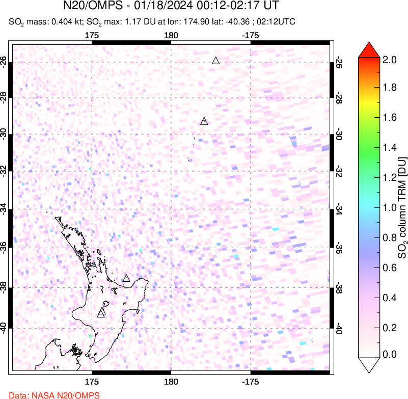 A sulfur dioxide image over New Zealand on Jan 18, 2024.