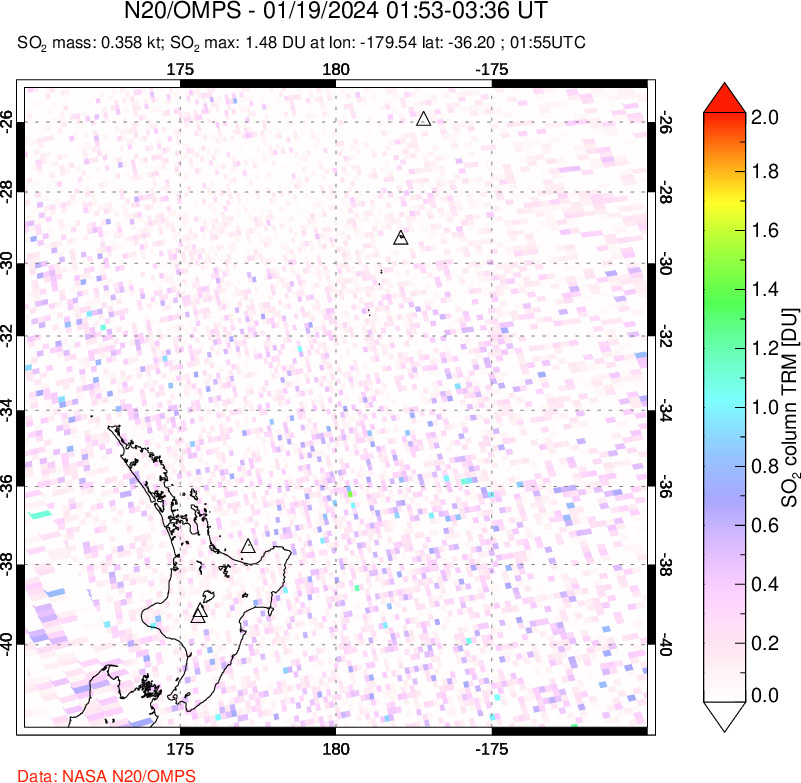 A sulfur dioxide image over New Zealand on Jan 19, 2024.