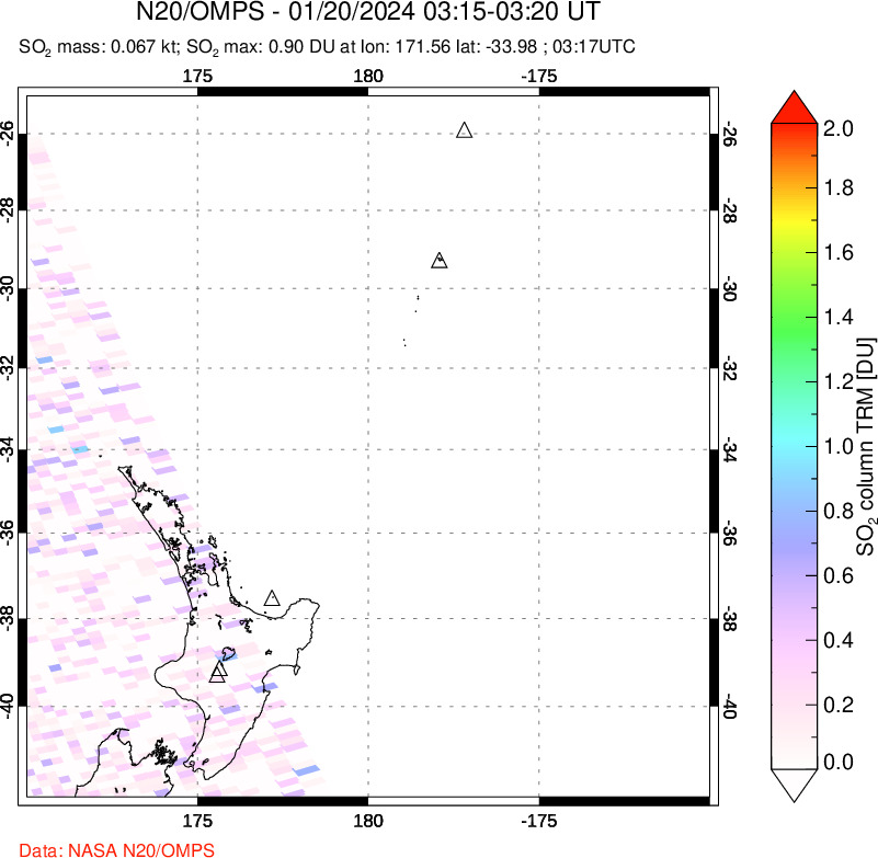 A sulfur dioxide image over New Zealand on Jan 20, 2024.