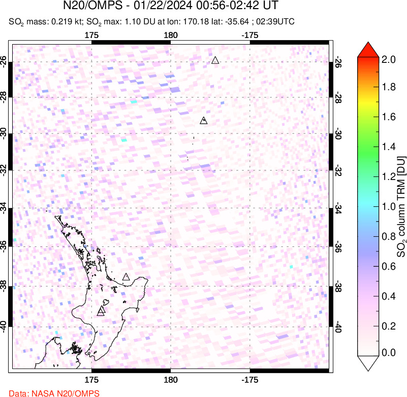 A sulfur dioxide image over New Zealand on Jan 22, 2024.