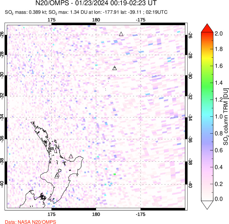 A sulfur dioxide image over New Zealand on Jan 23, 2024.