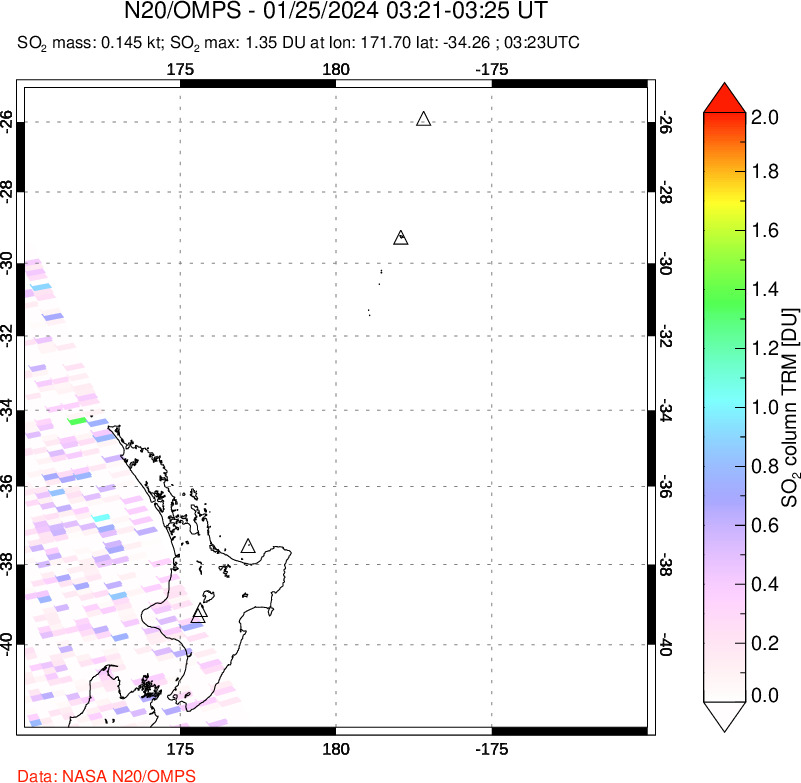 A sulfur dioxide image over New Zealand on Jan 25, 2024.