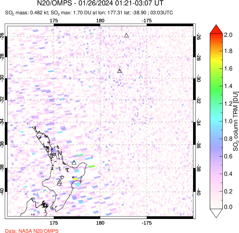 A sulfur dioxide image over New Zealand on Jan 26, 2024.