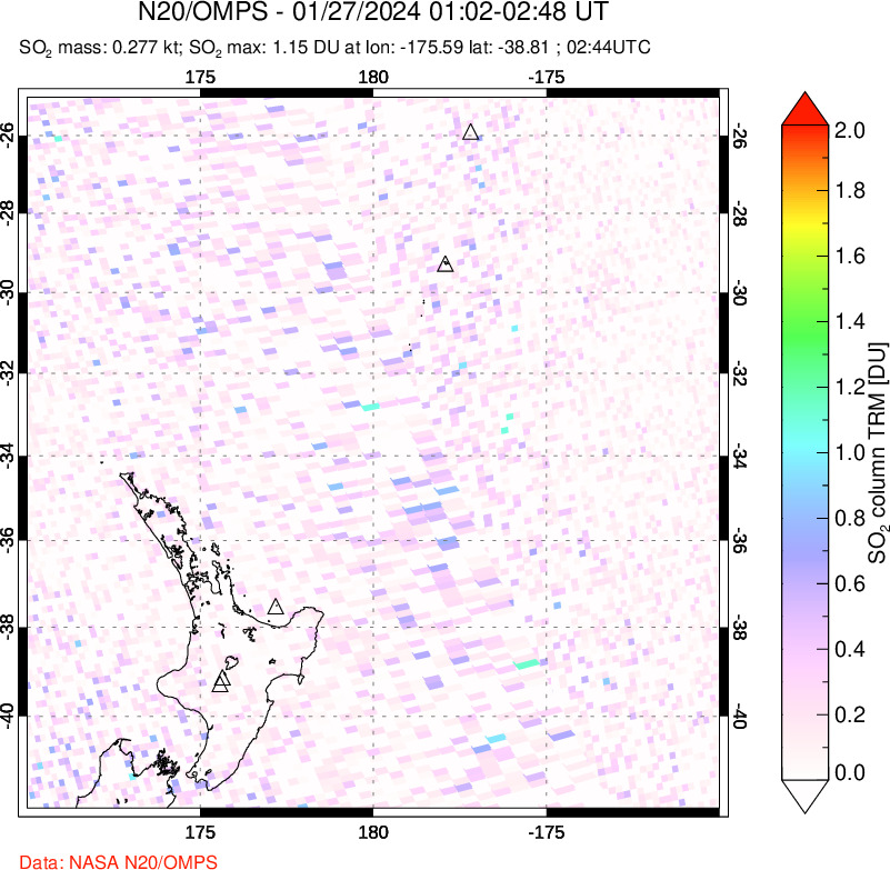 A sulfur dioxide image over New Zealand on Jan 27, 2024.