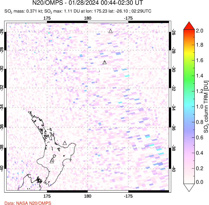 A sulfur dioxide image over New Zealand on Jan 28, 2024.