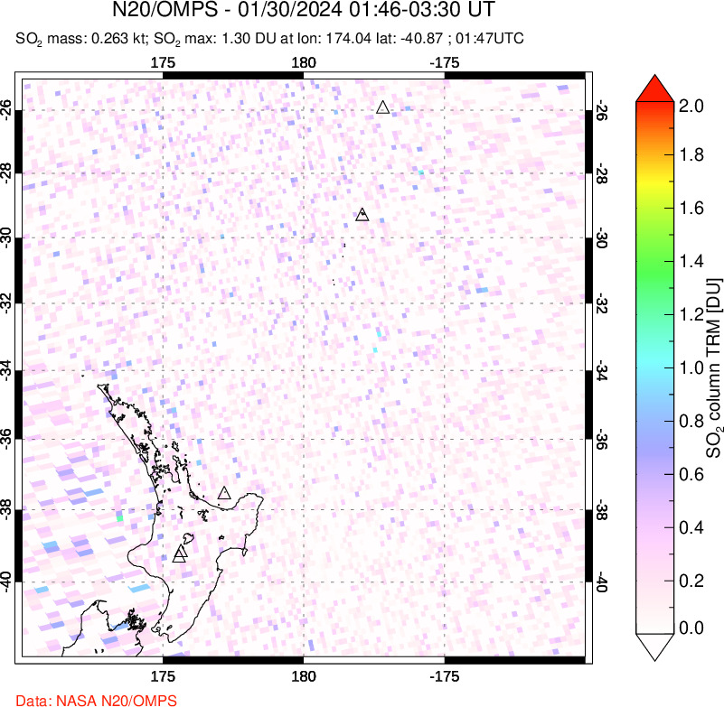 A sulfur dioxide image over New Zealand on Jan 30, 2024.