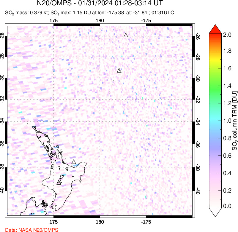 A sulfur dioxide image over New Zealand on Jan 31, 2024.