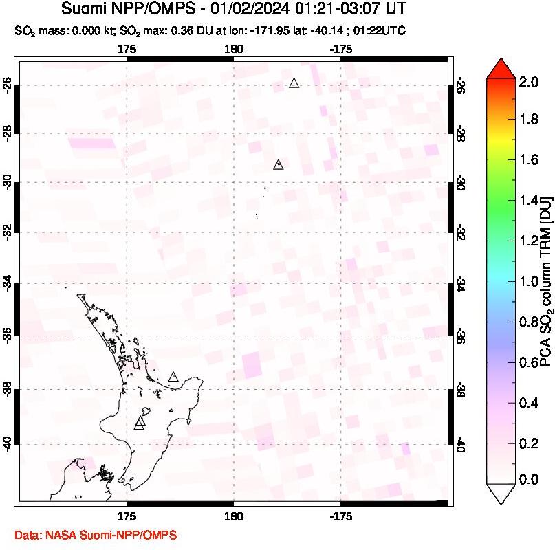 A sulfur dioxide image over New Zealand on Jan 02, 2024.