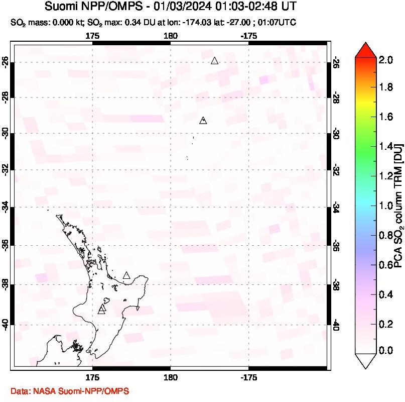 A sulfur dioxide image over New Zealand on Jan 03, 2024.