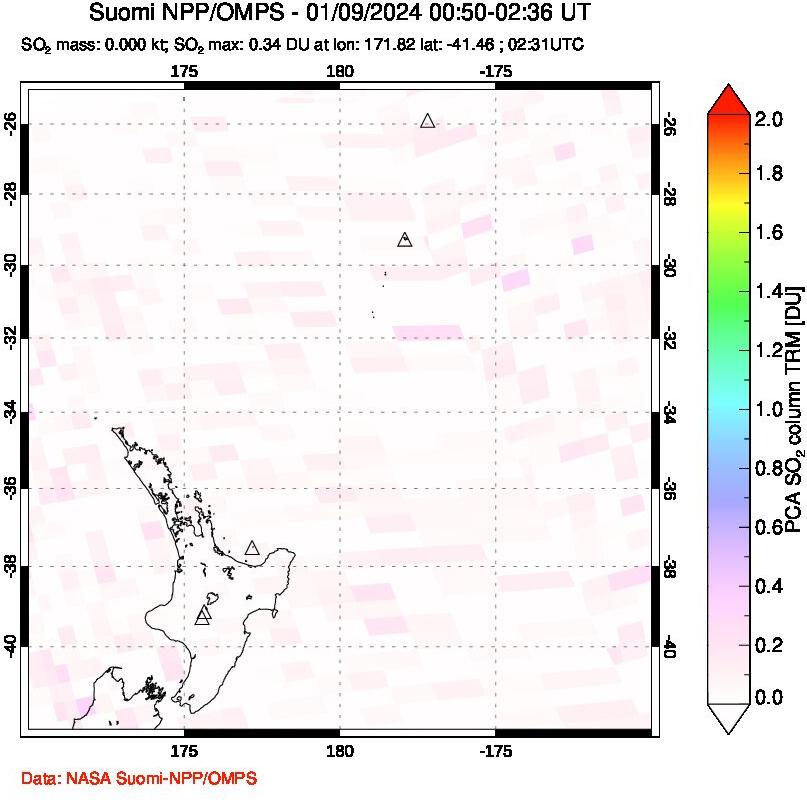 A sulfur dioxide image over New Zealand on Jan 09, 2024.