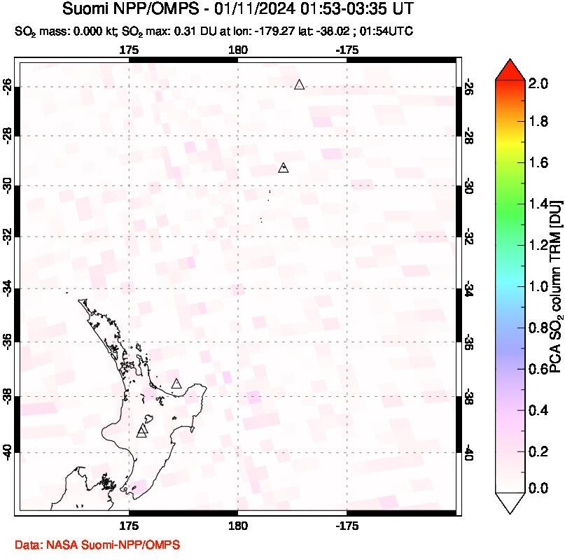 A sulfur dioxide image over New Zealand on Jan 11, 2024.