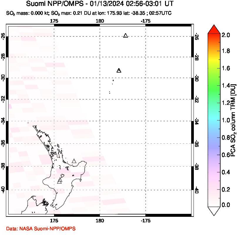 A sulfur dioxide image over New Zealand on Jan 13, 2024.