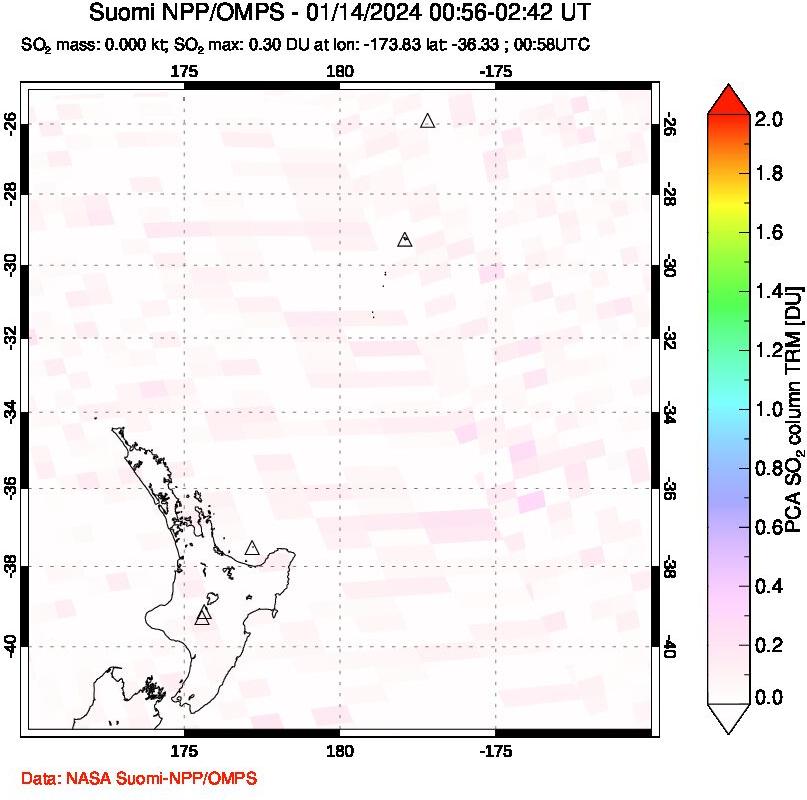 A sulfur dioxide image over New Zealand on Jan 14, 2024.