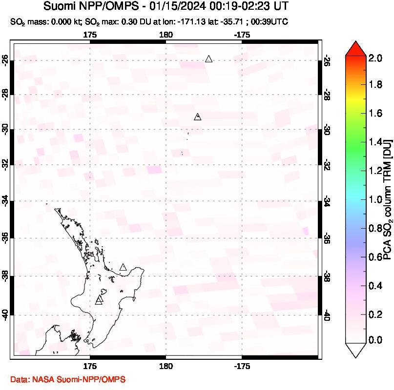 A sulfur dioxide image over New Zealand on Jan 15, 2024.