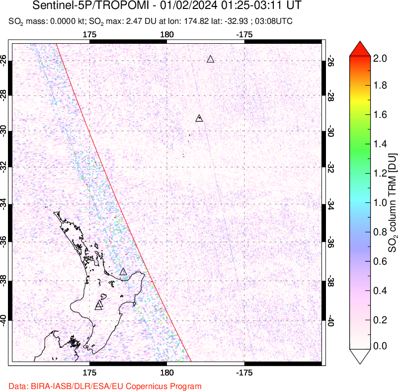 A sulfur dioxide image over New Zealand on Jan 02, 2024.