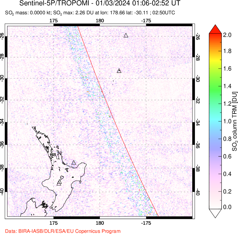 A sulfur dioxide image over New Zealand on Jan 03, 2024.