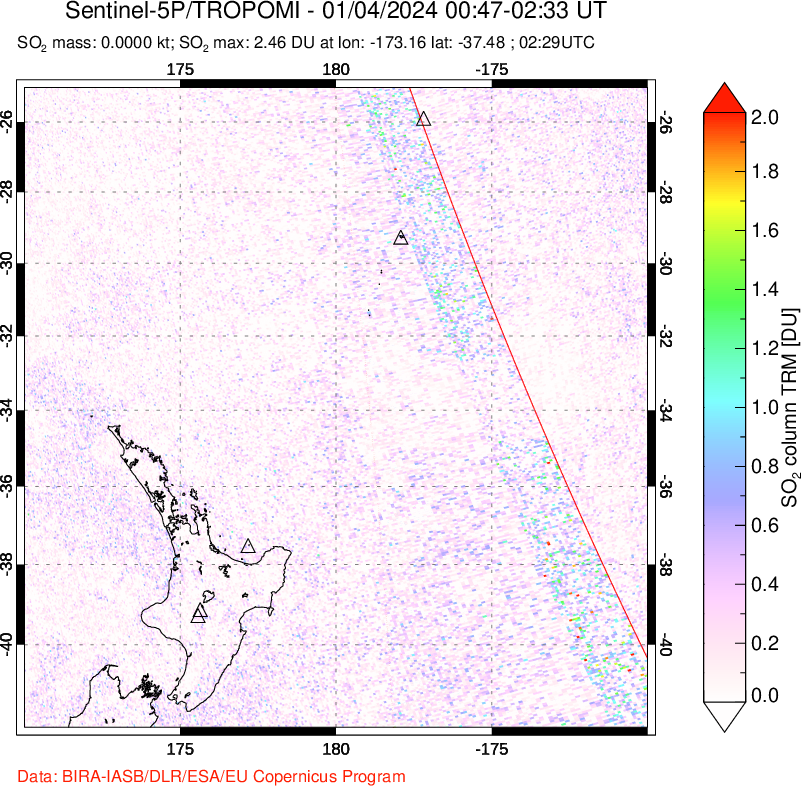 A sulfur dioxide image over New Zealand on Jan 04, 2024.