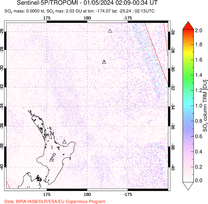 A sulfur dioxide image over New Zealand on Jan 05, 2024.