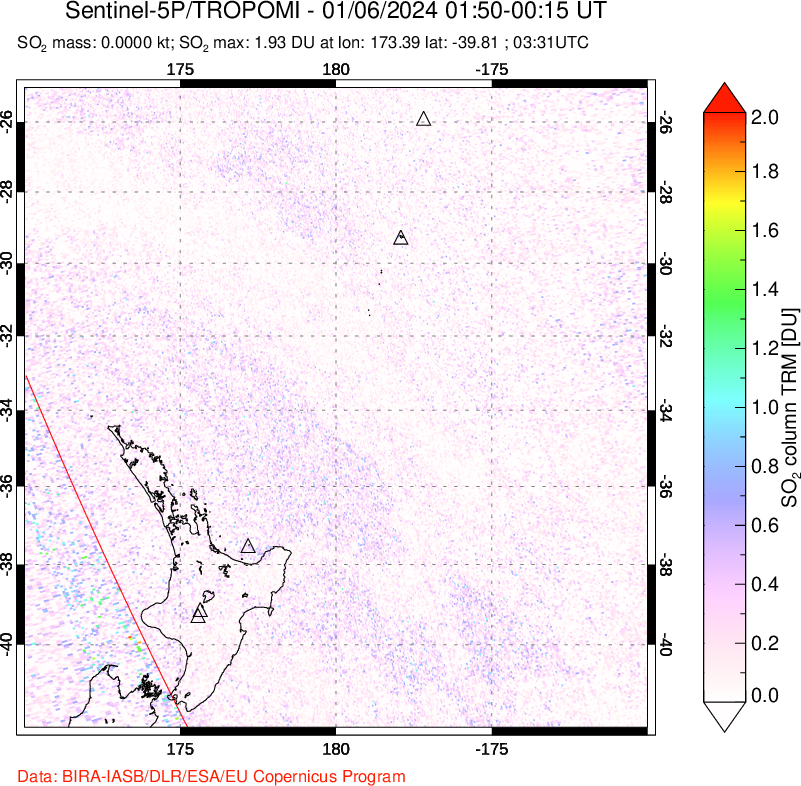 A sulfur dioxide image over New Zealand on Jan 06, 2024.