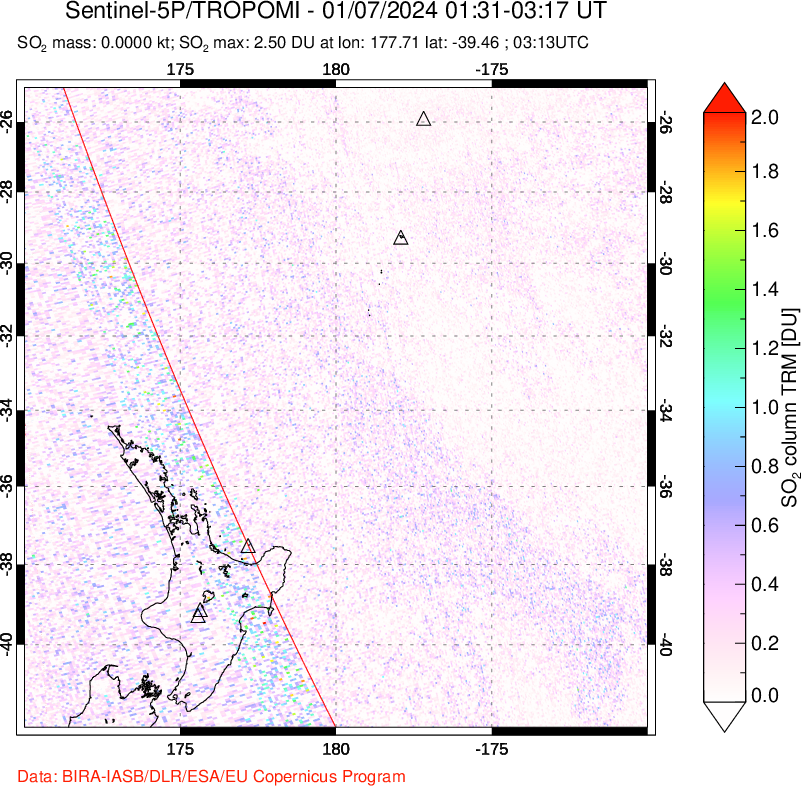 A sulfur dioxide image over New Zealand on Jan 07, 2024.