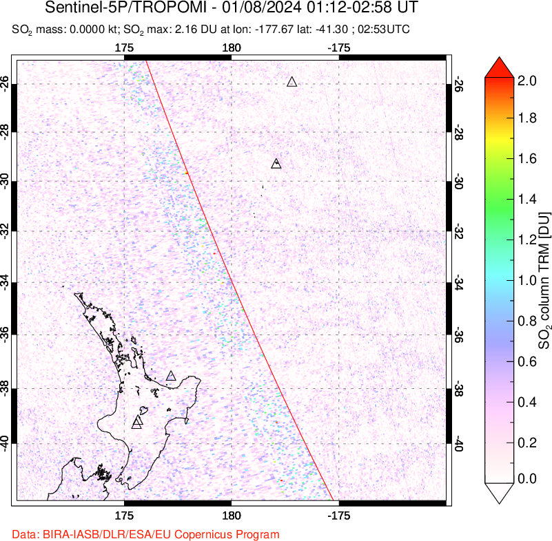 A sulfur dioxide image over New Zealand on Jan 08, 2024.