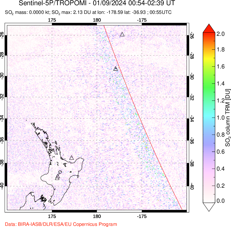 A sulfur dioxide image over New Zealand on Jan 09, 2024.