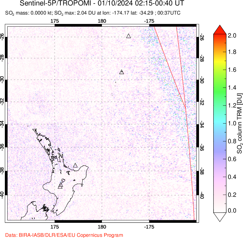 A sulfur dioxide image over New Zealand on Jan 10, 2024.