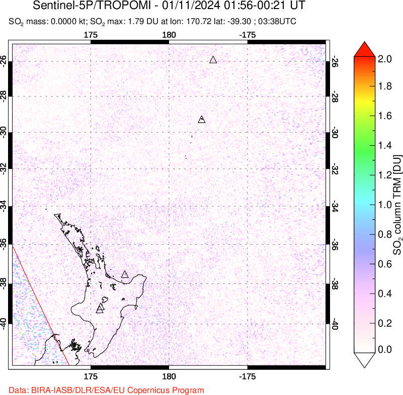 A sulfur dioxide image over New Zealand on Jan 11, 2024.