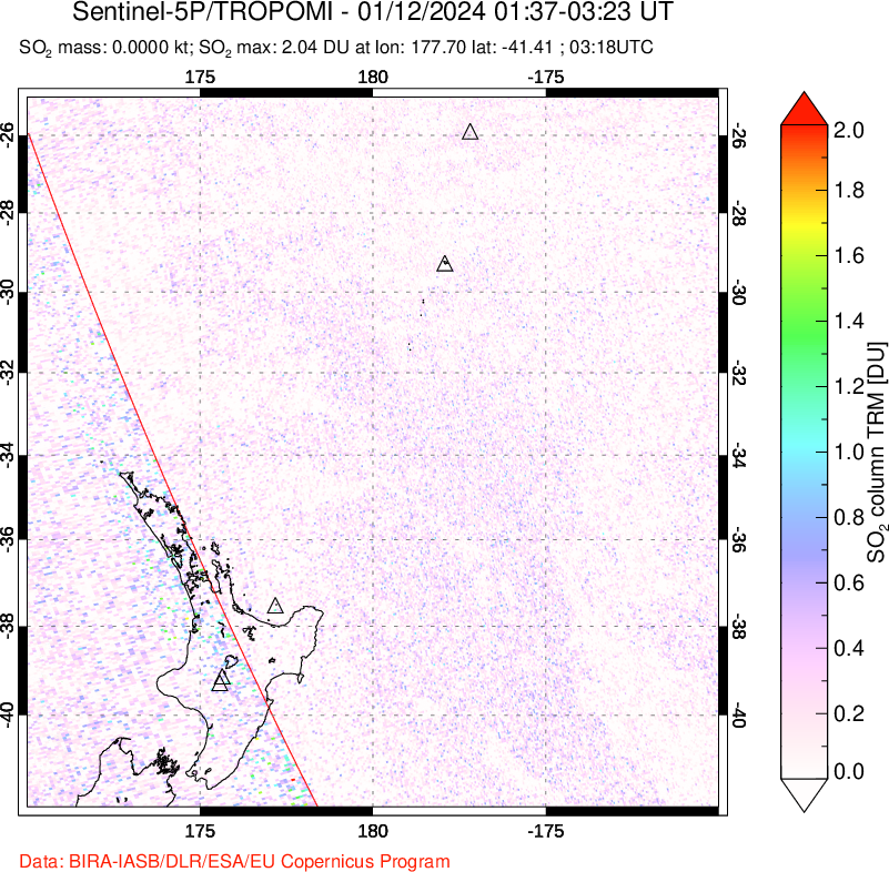 A sulfur dioxide image over New Zealand on Jan 12, 2024.