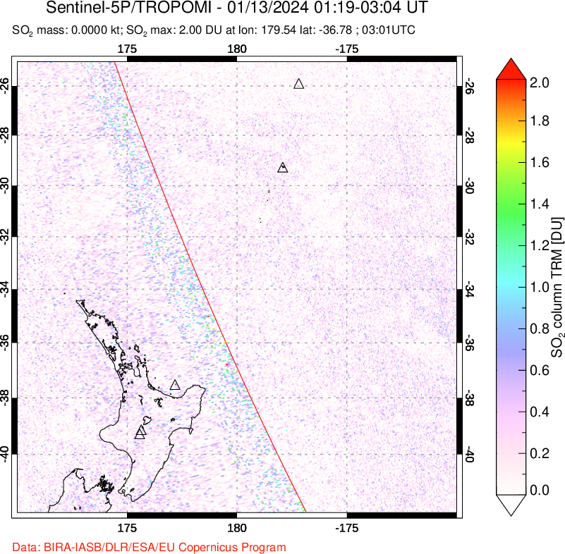 A sulfur dioxide image over New Zealand on Jan 13, 2024.