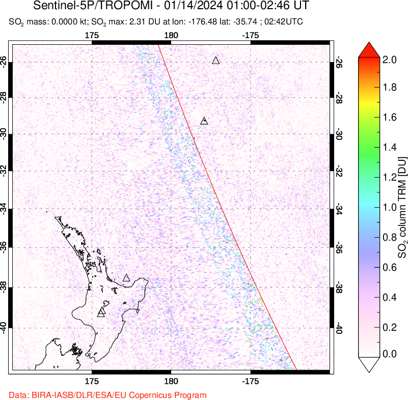 A sulfur dioxide image over New Zealand on Jan 14, 2024.