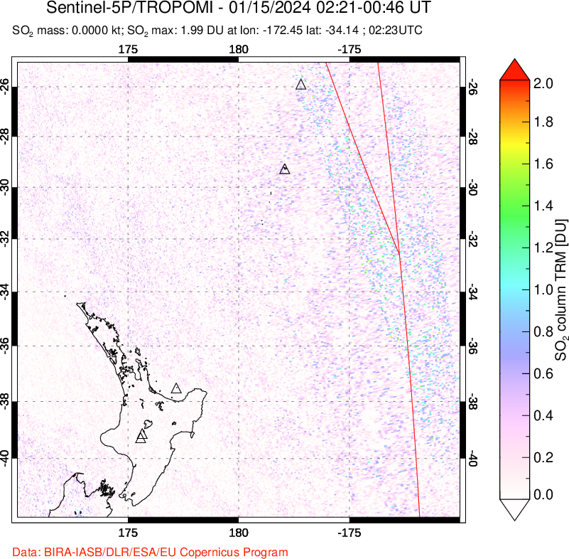 A sulfur dioxide image over New Zealand on Jan 15, 2024.