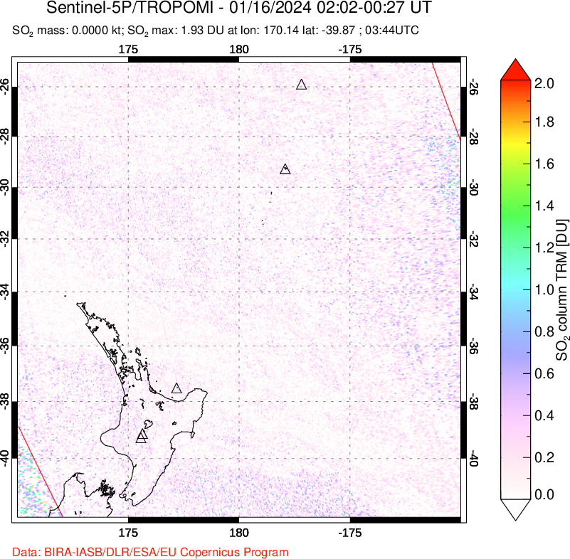 A sulfur dioxide image over New Zealand on Jan 16, 2024.