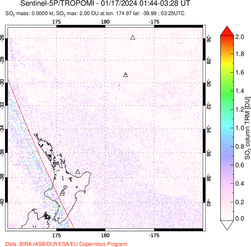 A sulfur dioxide image over New Zealand on Jan 17, 2024.