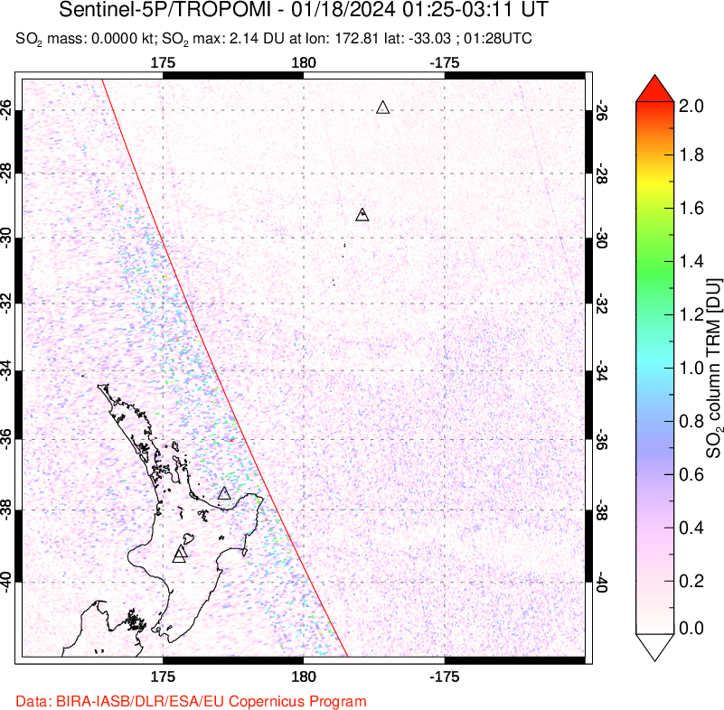 A sulfur dioxide image over New Zealand on Jan 18, 2024.