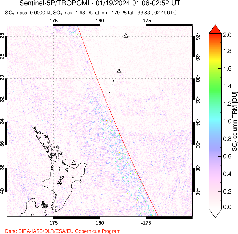 A sulfur dioxide image over New Zealand on Jan 19, 2024.