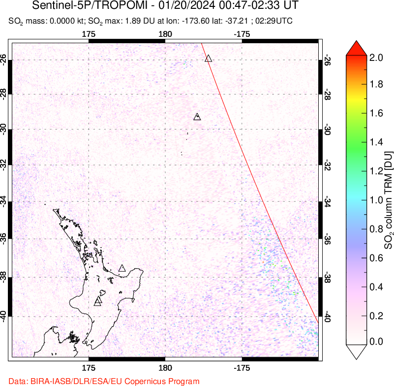 A sulfur dioxide image over New Zealand on Jan 20, 2024.