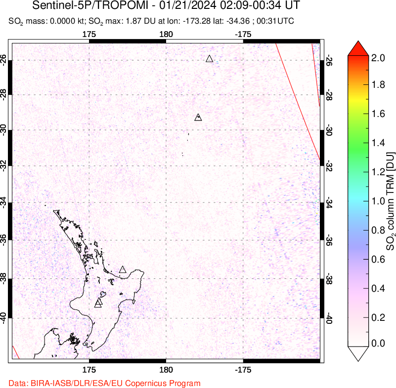 A sulfur dioxide image over New Zealand on Jan 21, 2024.