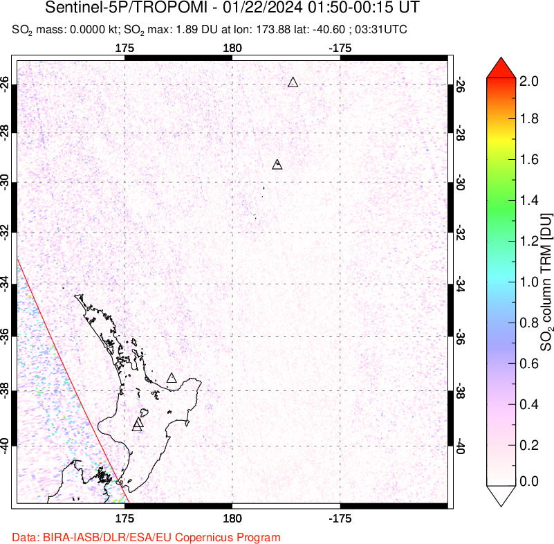 A sulfur dioxide image over New Zealand on Jan 22, 2024.