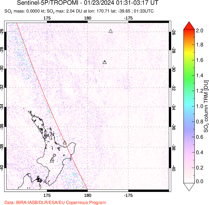 A sulfur dioxide image over New Zealand on Jan 23, 2024.